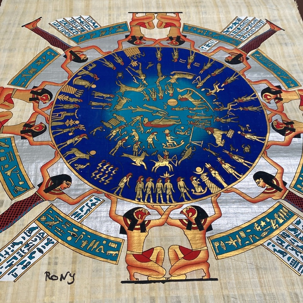 Hand Painted Egyptian Papyrus 36”H x 25”W with Storage Tube — Signed